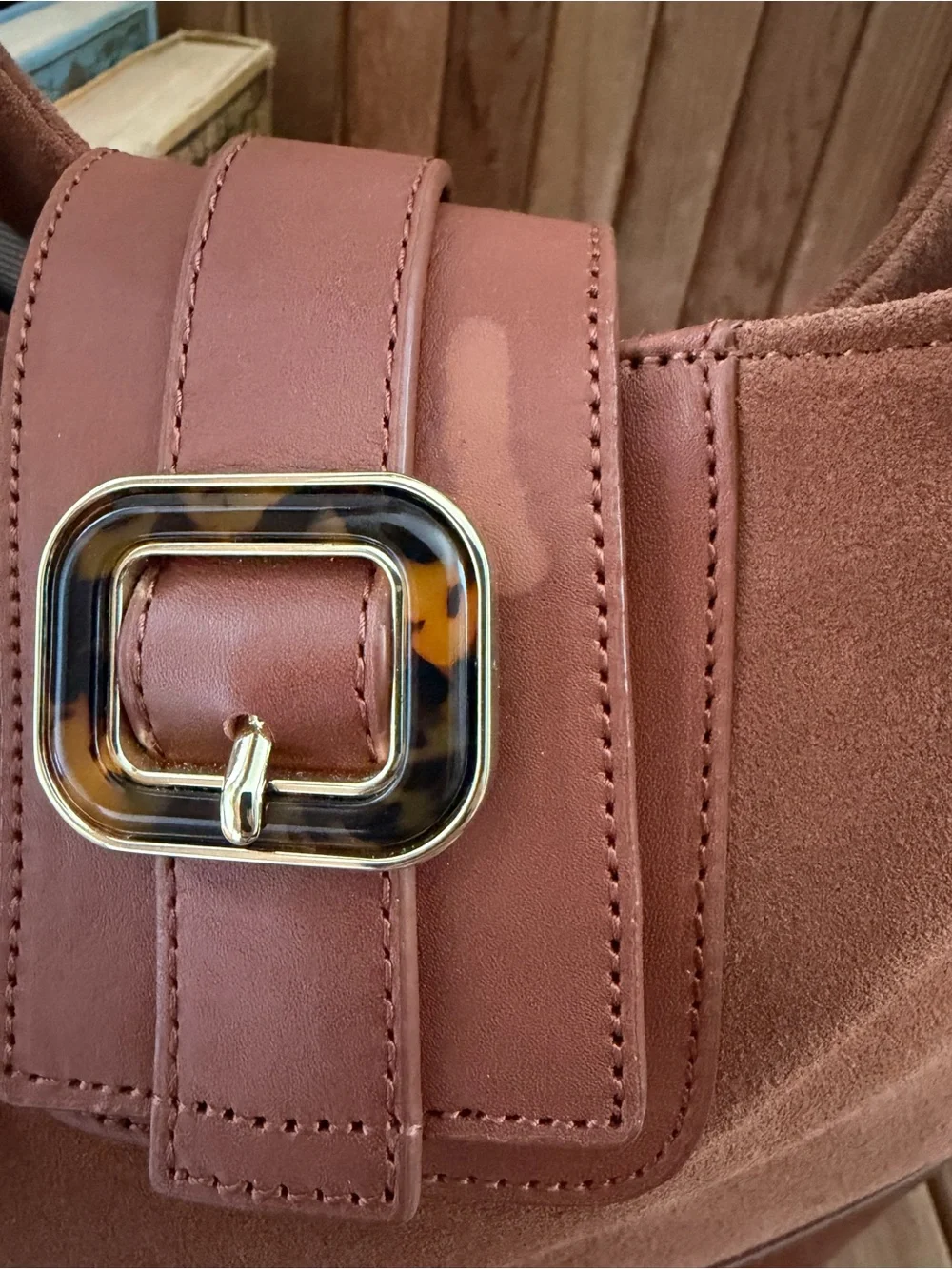 Talbots Brown Suede & Leather Hobo Shoulder Bag Tortoise Buckle